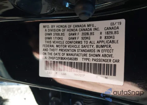 2019 Honda Civic Sport z USA, uszkodzony, nr VIN 2HGFC2F86KH546389